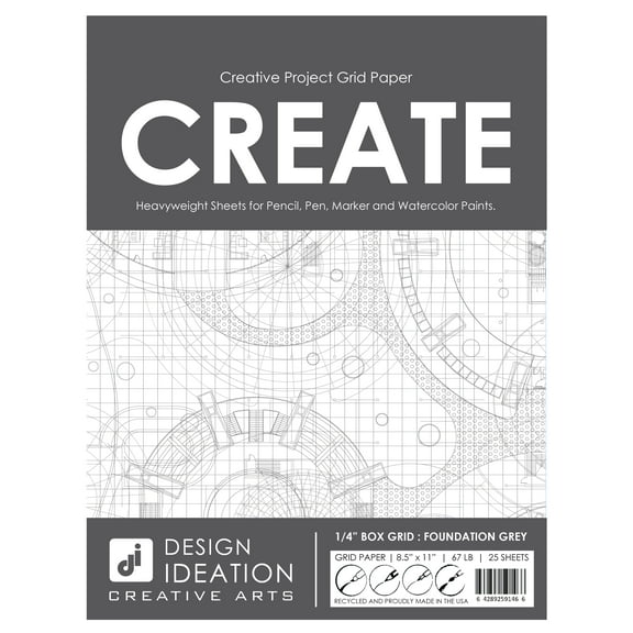 Grid Paper : 1/4" Box Grid. Multi-media grid paper for pencil, ink, marker and watercolor paints. (8.5" x 11") Grey Grid