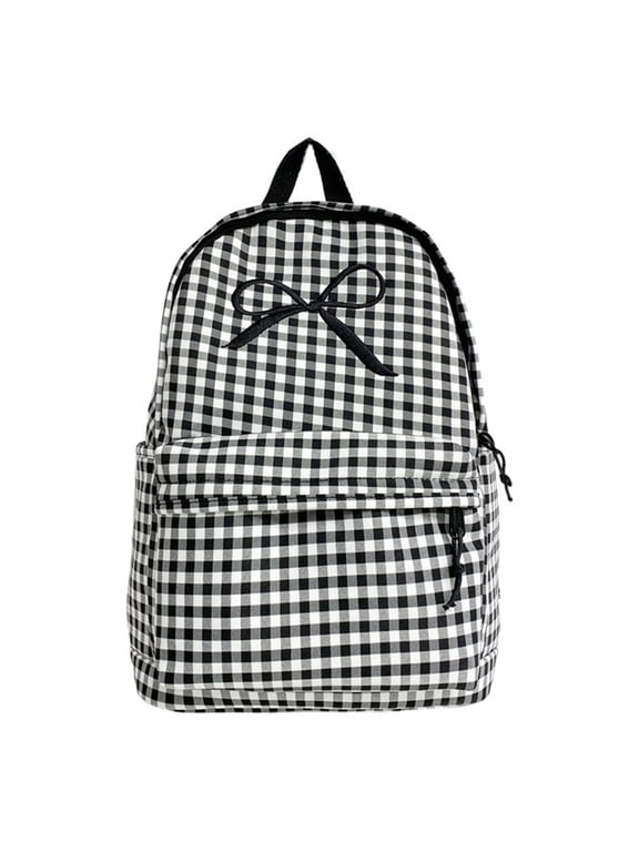 Grid Pattern Bow Backpack 15.35" Nylon Multi-pocket Large Capacity Preppy Style for Commute (Black)