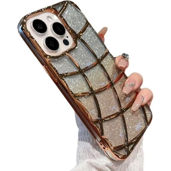 Grid Plaid Checkered Glitter Bling Rhombus Design Compatible with iPhone Case (Gold,iPhone 13 Pro Max)