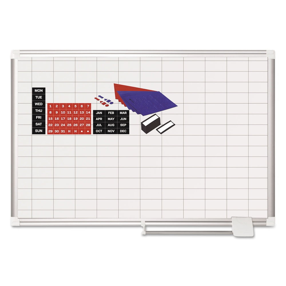 MasterVision MA0392830A 1 in. x 2 in. Grid 36 in. x 24 in. Aluminum Lacquered Steel Magnetic Dry Erase Planning Board with Accessories - White/Silver
