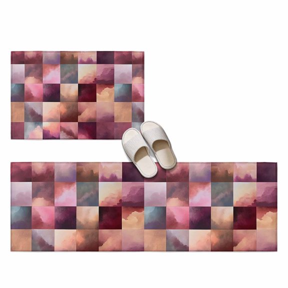 Grid Squares 2 Pieces Non-Slip Kitchen Mat Set, Abstract Minimalist Pink Gray Cloud Blended Pigment Soft Door Mat with Rubber Backing, Dirtproof Rugs for Entrance Doorway, 15.7x23.6in+15.7x47.2in