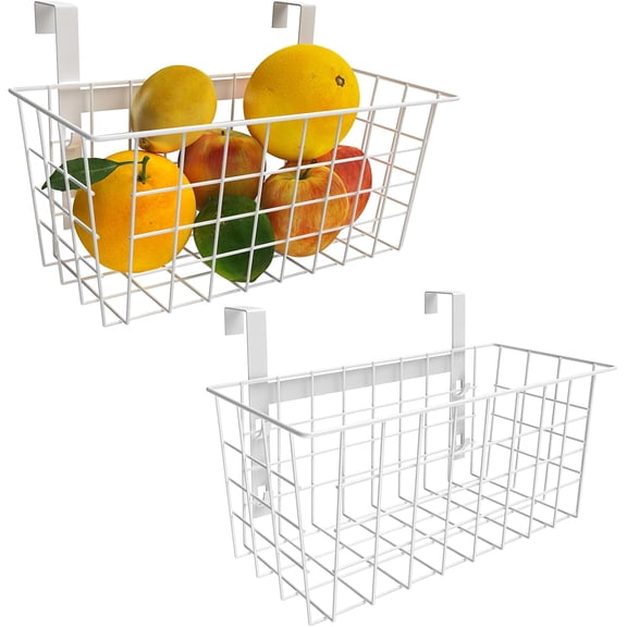 Grid Storage Basket with Hook for Cabinet Door or Railing, White, 2 Pack