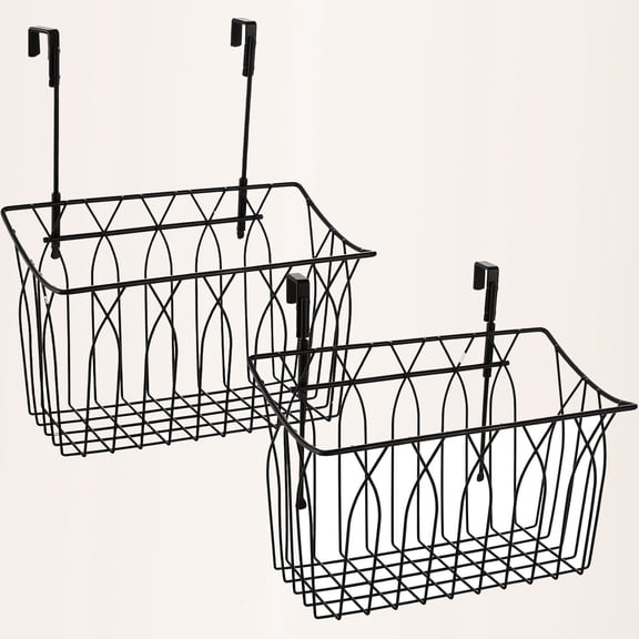 Grid Storage Baskets with Hooks, Metal Hanging Wire Basket Over the Cabinet Door Organizer Caddy for Cutting Board, Kitchen Wrap, Foil, Cleaning Supplies, Bakeware, Towel