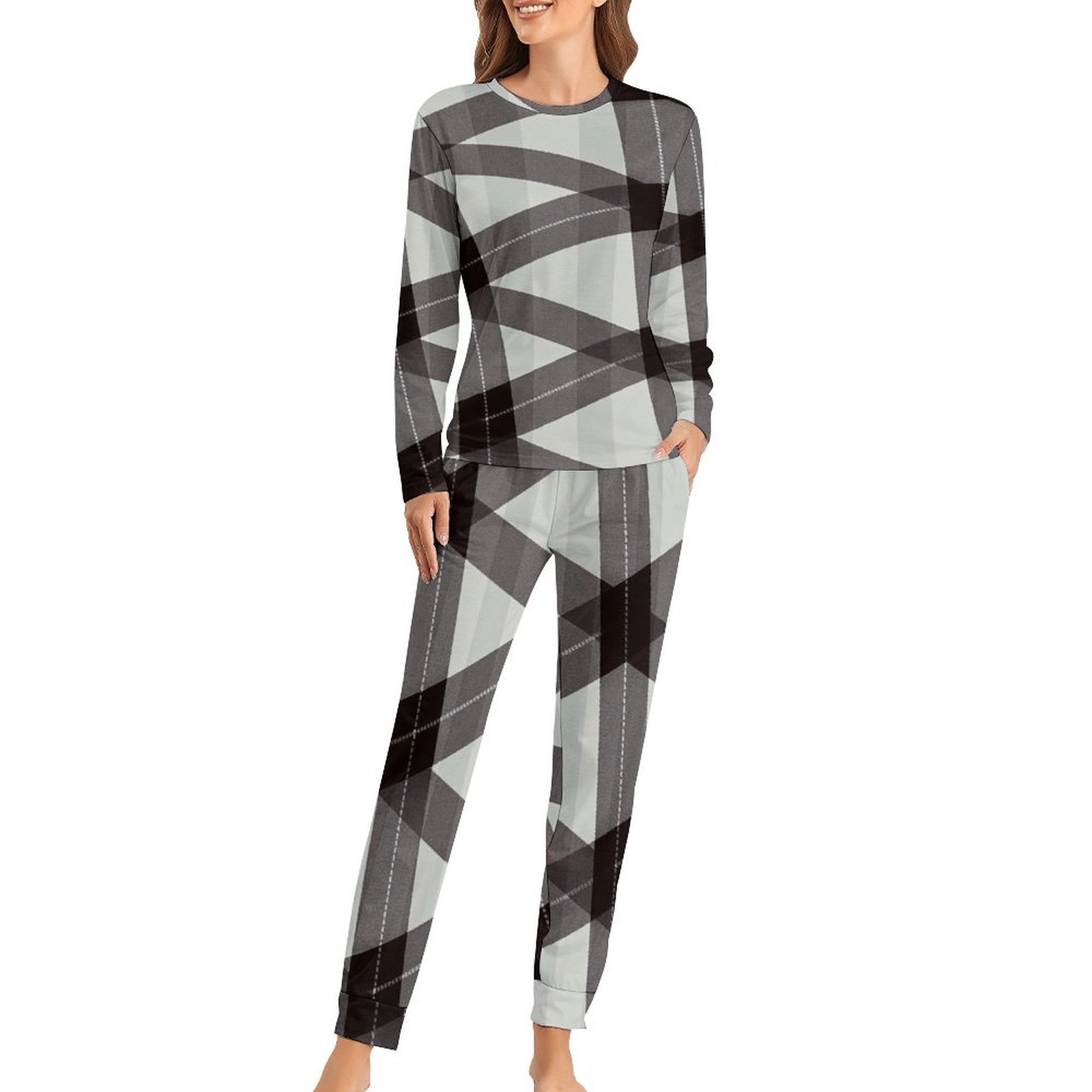 Striped Pyjamas Pattern Grid Stripe Pattern Pajamas Woman Long Sleeves Cute Pajama Sets Two ...