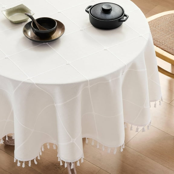 Grid Table Cloth with Tassels (Off White, 120cm Round), Heavy Weight Linen Checked Embroidered Farmhouse Tablecloth, Round Ivory Tablecloths
