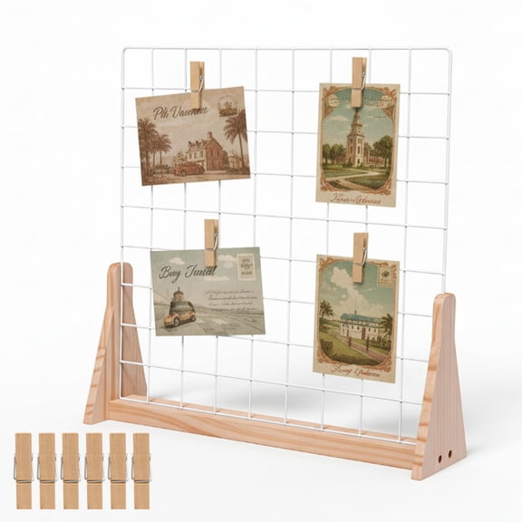 Grid Wall Countertop Display Stand Portable Tabletop Display Includes 10 Clips for Displaying Photos, Artwork, and Organizing Cables
