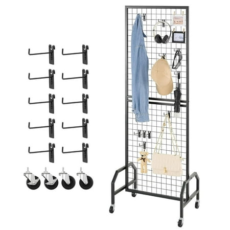 Grid Wall Panel, 1.9 x 5.4 ft Wire Grid Panels Display Rack, Movable Art Display Shelf with Wheels and 10 Hooks, Black Carbon Steel Gridwall for Craft Show, Decoration, Storage, Notice Board