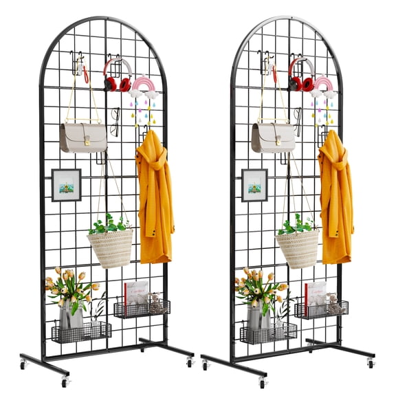 Grid Wall Panel 2PCS Display Stand 2' x 5.2' FT Black Gird Wall Panels Movable Retail Display Racks Floorstanding Gridwall Heavy Duty with Wheel for Art Craft Photo Displays Fair Trade Show