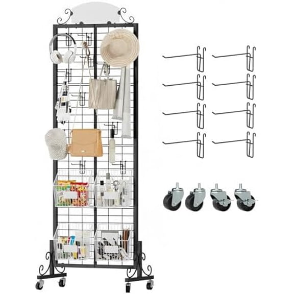 Grid Wall Panel Display Stand, 2.2' x 6.2' FT Gridwall Panel with Extra 8 Hooks, Craft Show Display Rack Black Metal Grids Standing Wire Rack for Retail Merchandise$$Furniture