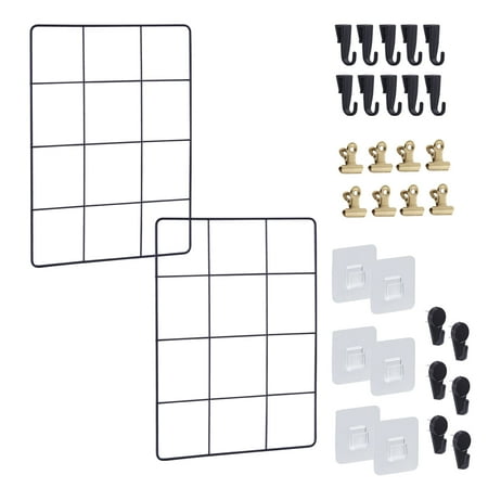Grid Wall Panels, 2 Pack Wire Wall Grid for Photo Pictures Display, Wall Storage Organizer Metal Grid Wall Panel for Home Office Decor with Clips and Hooks