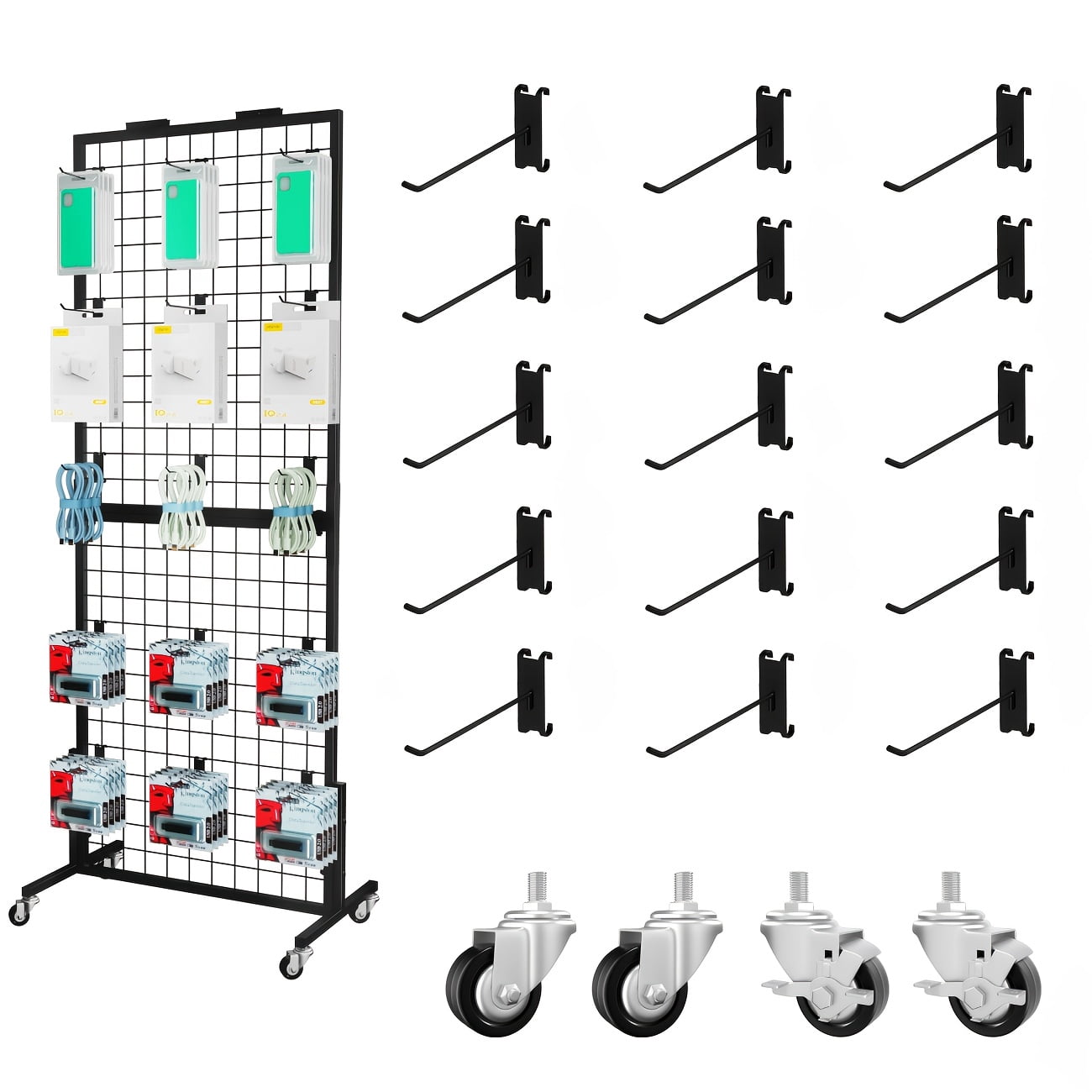 Grid Wall Panels Display Stand with 15 Hooks, Heavy Duty Floor Standing ...