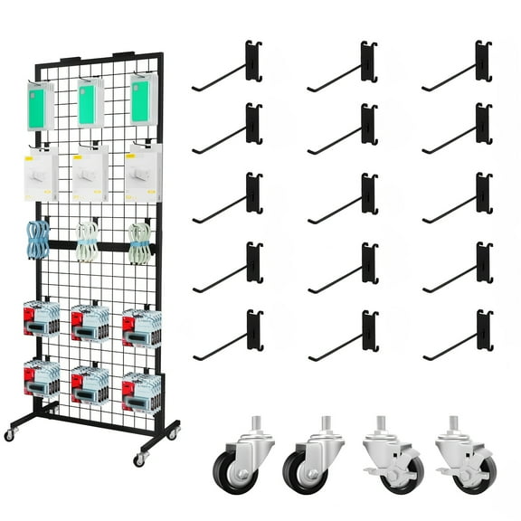 Grid Wall Panels Display Stand - Display Rack with 15 Hooks for Vendor Events Art Display Panels Heavy Duty Floor Standing Movable Detachable Retail Display Stand Wire Grid Tower for Easy Transport