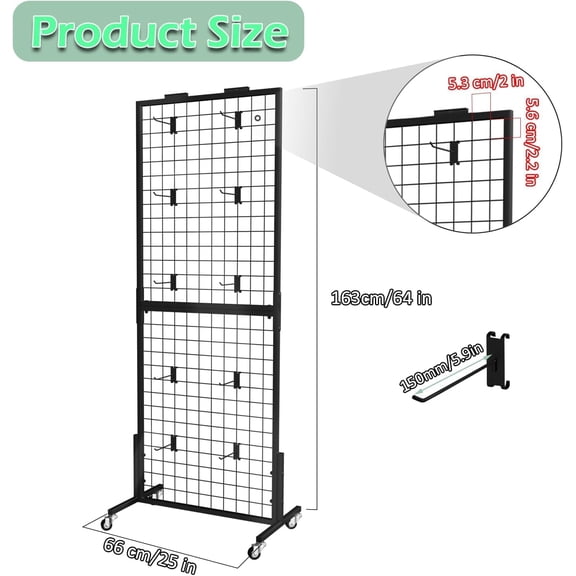 Grid Wall Panels Display Stand - Display Rack with 15 Hooks for Vendor Events Art Display Panels Heavy Duty Floor Standing Movable Detachable Retail Display Stand Wire Grid Tower for Easy Transport