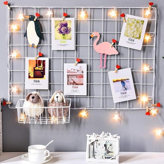 Grid Wall Panels with Grid Basket Shelf Metal Wire Photo Display Wall Organizer for Hanging Memo, Picture
