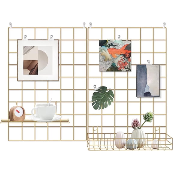 Grid Wire Board,for Memo Picture Panel Wall Decoration for Room Office Mat Photo Hanging Art Display Frames Desk Storage Organizer,17.3" x 11.8"(2Pack) (Gold)