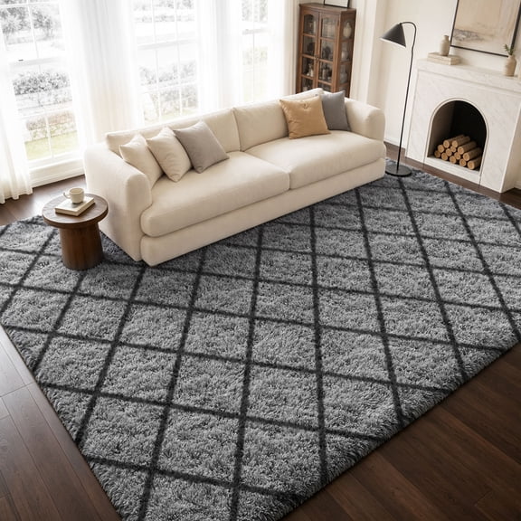 Pententan 5ft x 8ft Geometric Shag Area Rugs for Living Room, Modern Diamond Trellis Fluffy Bedroom Carpet, Gray & Black