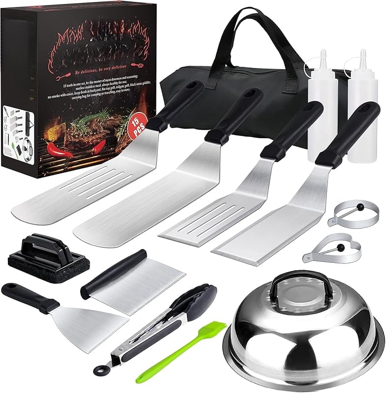 Griddle Accessories,15 Pcs Flat Top Grill Accessories kit for Blackstone and Camp,Stainless Steel BBQ Accessories with Spatula, Basting Cover,Tongs,Egg Mold & Carry Bag for Outdoor BBQ Teppanyaki