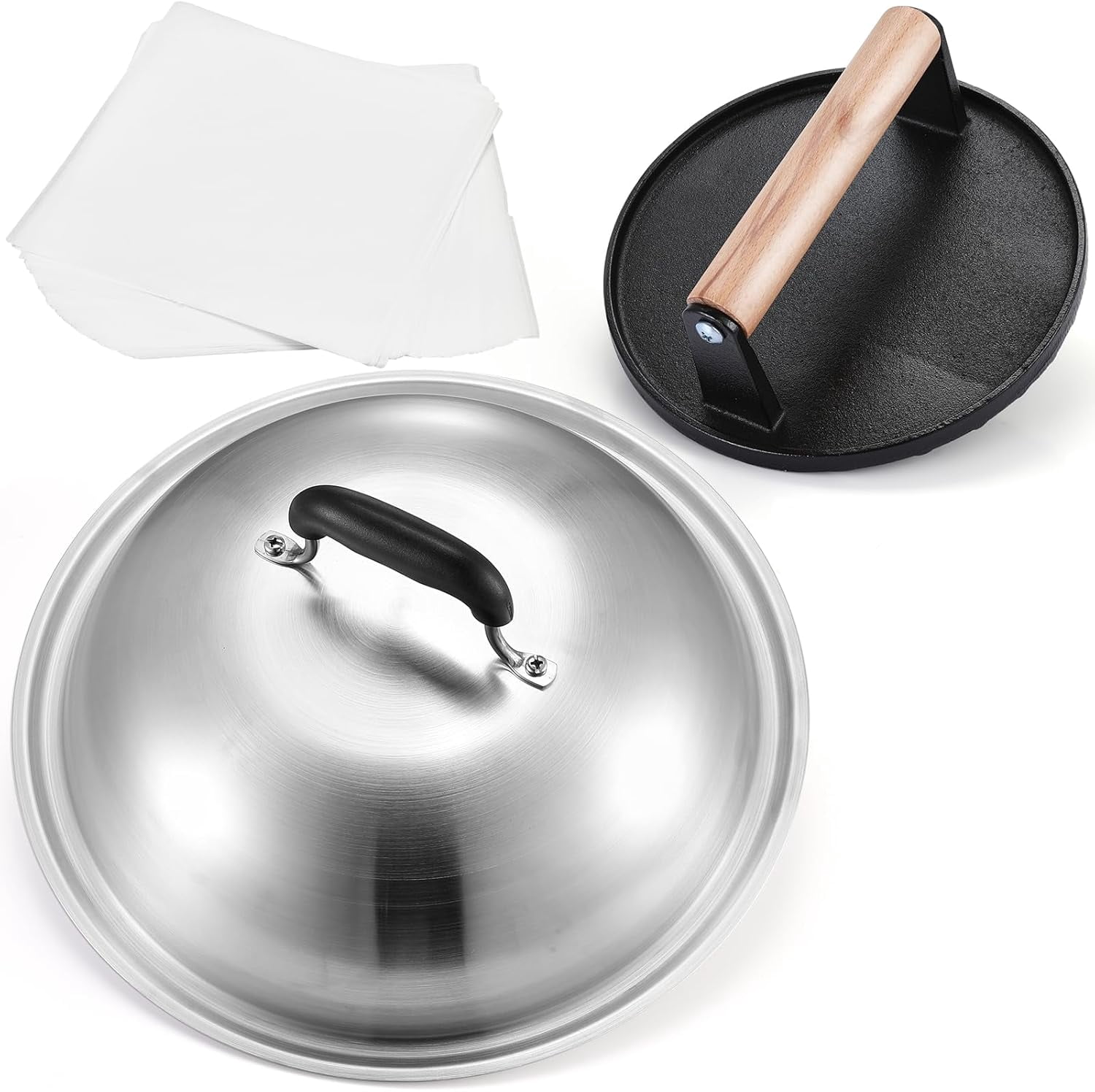 Griddle Accessories for Blackstone, 7" Round Cast Iron Smash Burger Press, 12.5" Heavy Duty Griddle Dome & burger Patty Papers for Hamburger Bacon Steak, Perfect for Blackstone Flat Top Griddle Grill