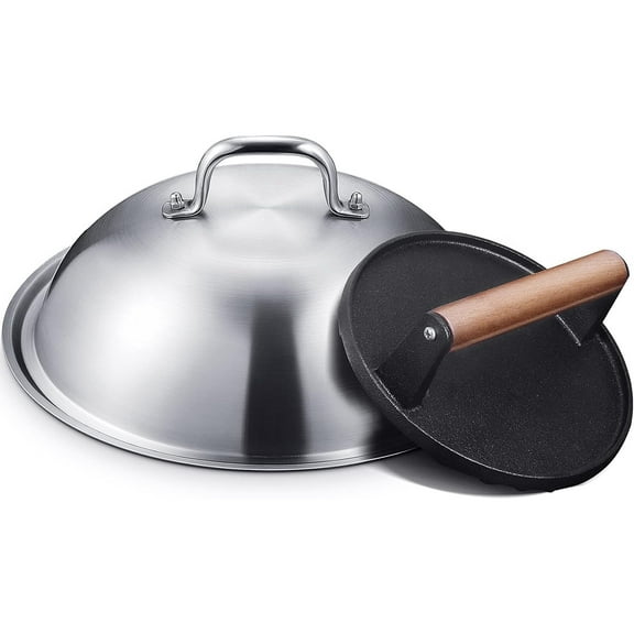 Griddle Accessories for Blackstone, Commercial Grade 12 Inch Heavy Duty Melting Dome with Round Cast Iron Smash Burger Press Perfect for Flat Top Hibachi Grill Outdoor Indoor