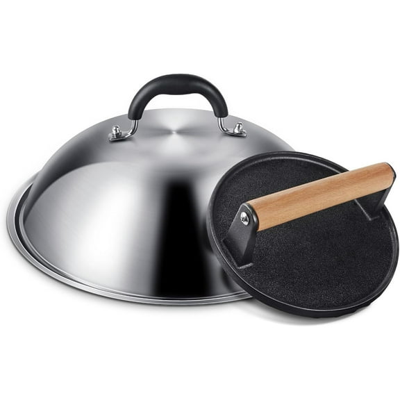 Griddle Accessories for Blackstone, Commercial Grade 12 Inch Heavy Duty Round Melting Dome with 7" Round Cast Iron Grill Burger Bacon Press, Perfect for Blackstone Camp Chef Flat Top Griddle Grill