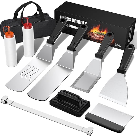 Griddle Accessories Kit, 10PCS Flat Top Grill Accessories Set for Blackstone and Camp Chef, Stainless Steel Griddle Grill Tools for Outdoor BBQ Teppanyaki Camping