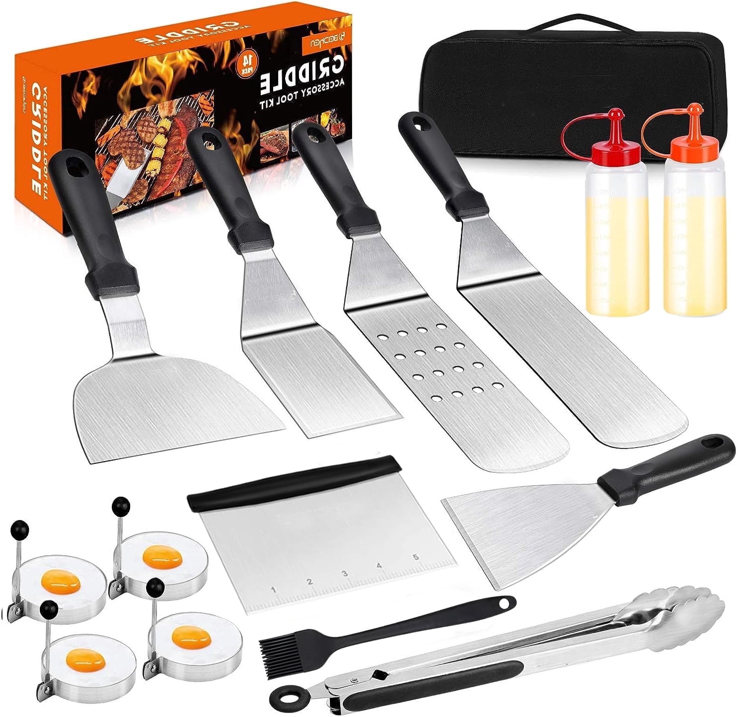 Anoak 14PCS Griddle Accessories Kit, Flat Top Grill Accessories Set for Blackstone and Camp Chef, Grill Spatula Set with Enlarged Spatulas, Scraper for Outdoor Barbecue