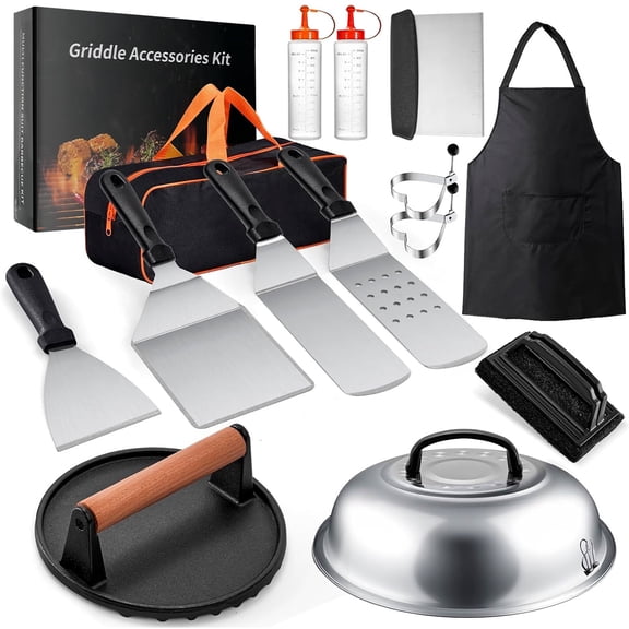 Griddle Accessories Kit, 15PCS Flat Top Grill Tools Set for Blackstone and Camp Chef, Enlarged Spatulas, Basting Cover, Stain Steel Grill Spatula Kit for Outdoor BBQ & Cooking