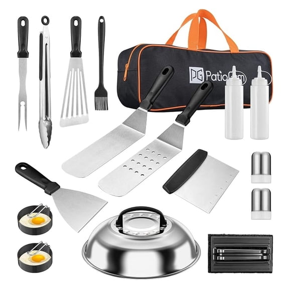 Griddle Accessories Kit, 17 Pcs Flat Top Grill Accessories Tools for and Camp Chef, BBQ Spatula Set with Basting Cover, Spatula, Scraper, Egg Rings, Tongs, Cleaning Kit & Carry Bag