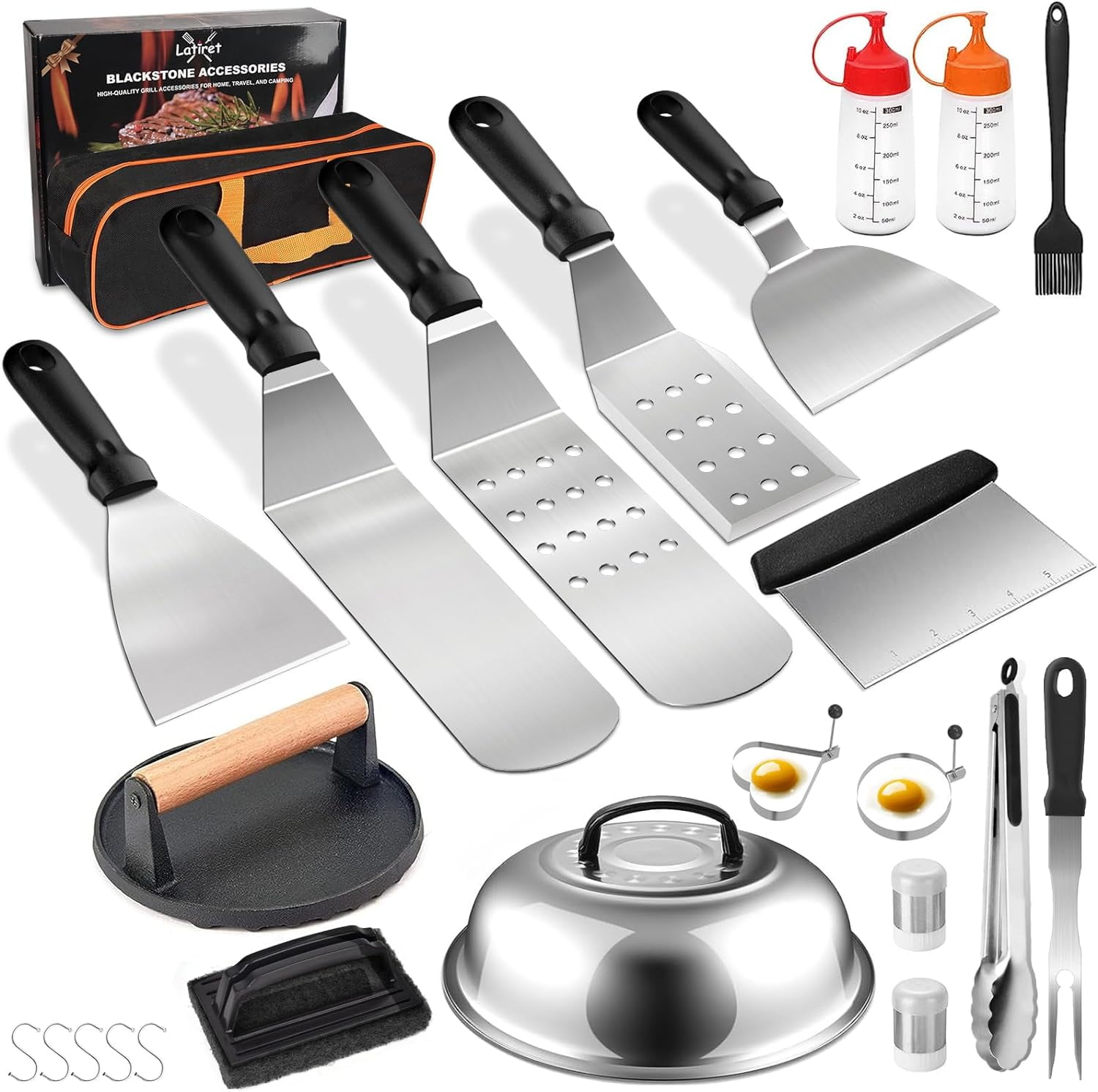 Griddle Accessories Kit, 24Pcs Grilling Accessories Set for Blackstone and Camp Chef, Flat Top Griddle Accessories Set with Scraper, Enlarged Spatulas, Basting Cover, White Elephant Gifts