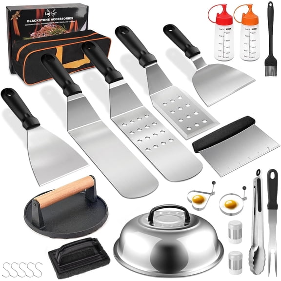 Griddle Accessories Kit, 24Pcs Grilling Accessories Set for Blackstone and Camp Chef, Flat Top Griddle Accessories Set with Scraper, Enlarged Spatulas, Basting Cover, White Elephant Gifts