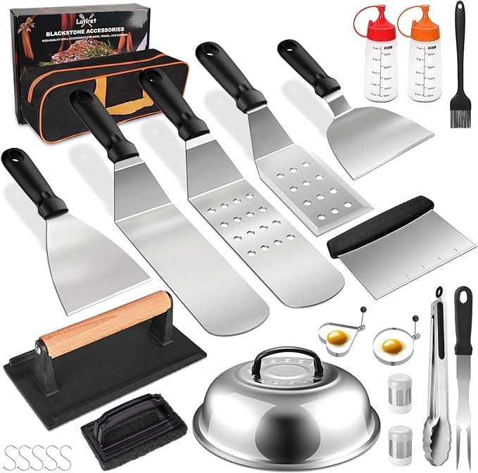 Griddle Accessories Kit, 24Pcs Grilling Accessories Set for Blackstone and Camp Chef, Flat Top Griddle Accessories Set with Scraper, Enlarged Spatulas, Basting Cover, White Elephant Gifts