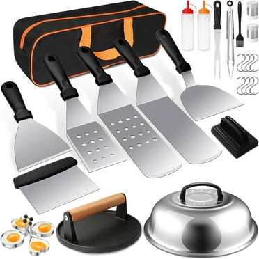Griddle Accessories Kit, 29 PCS Flat Top Grill Accessories for Blackstone and Camp Chef, Metal Spatula Set with Burger Press, Melting Dome, Scraper, Tongs, Carry Bag for Outdoor Grilling BBQ