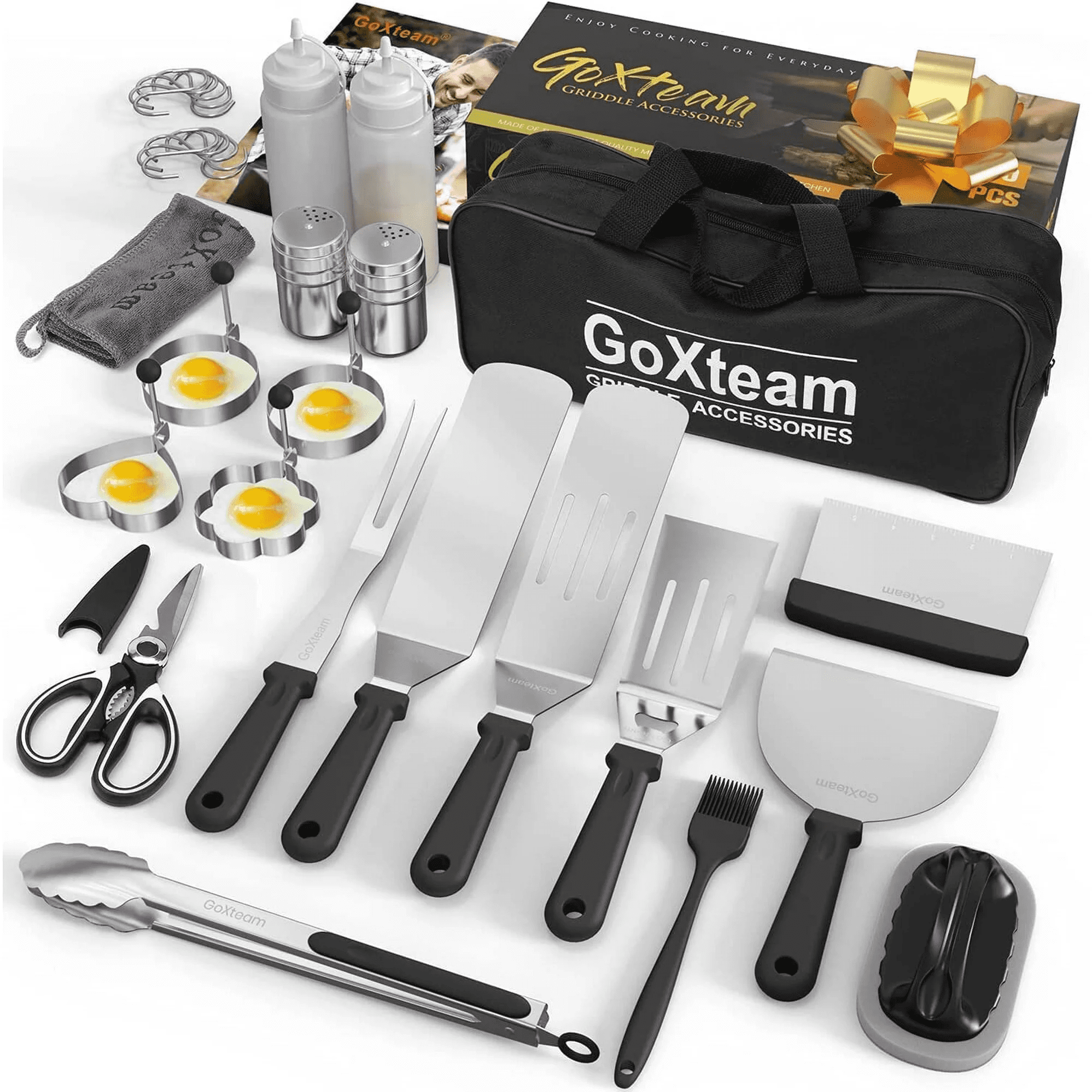 Griddle Accessories Kit, 30PCS Flat Top Grill Accessories Set for Blackstone and Camp Chef, Enlarged Spatulas, Scraper, Egg Ring, Tongs, Stain Steel Grill Spatula Kit for Outdoor BBQ & Cooking