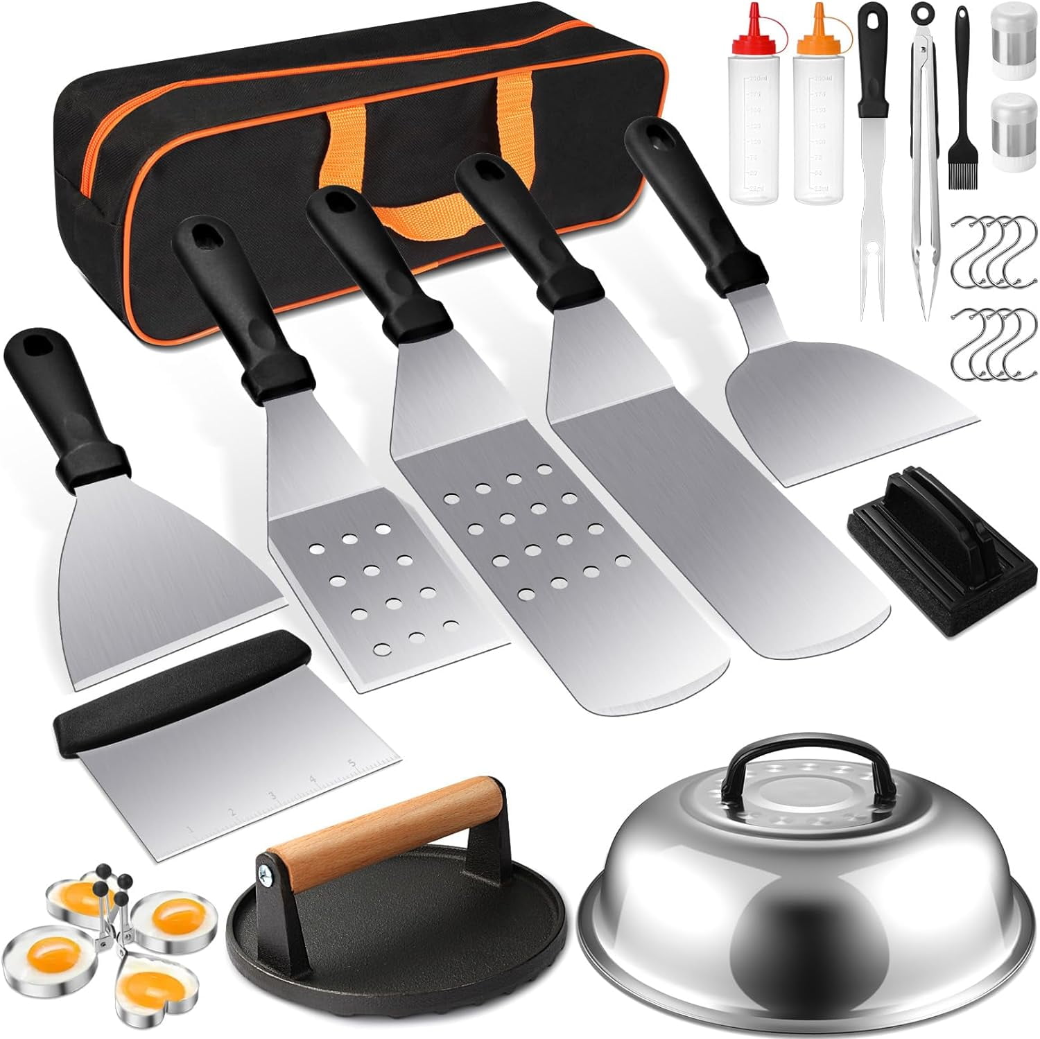 Griddle Accessories Kit,  29 PCS Flat Top Grill Accessories for Blackstone and Camp Chef, Metal Spatula Set with Burger Press, Melting Dome, Scraper, Tongs, Carry Bag for Outdoor Grilling BBQ