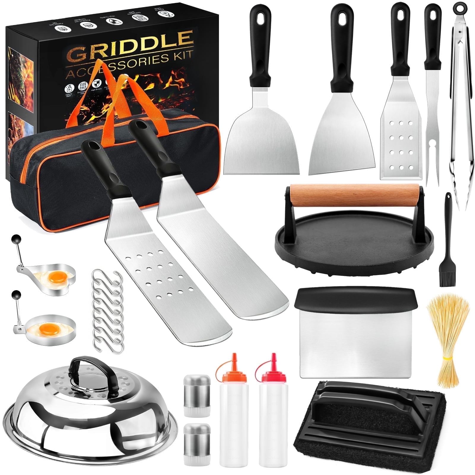 Griddle Accessories Kit, cyrico 126 Pcs Flat Top Grill Accessories for Blackstone and Camp Chef, Grill Spatula Set with Enlarged Spatulas, Basting Cover, Scraper, Burger Press, Carry Bag for Outdoor