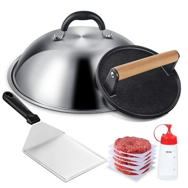 Griddle Accessories Smash Burger Kit (5Pcs), 12inch Heavy Duty Round Dome & Bacon Press Set, with Hamburger Spatula, Patty Papers, and Squeeze Bottle Perfect for Hamburger, Bacon, Meat