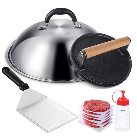 5 Pcs Griddle Accessories Smash Burger Kit, 12inch Heavy Duty Round Dome, Bacon Press, Hamburger Spatula, Patty Papers, and Squeeze Bottle