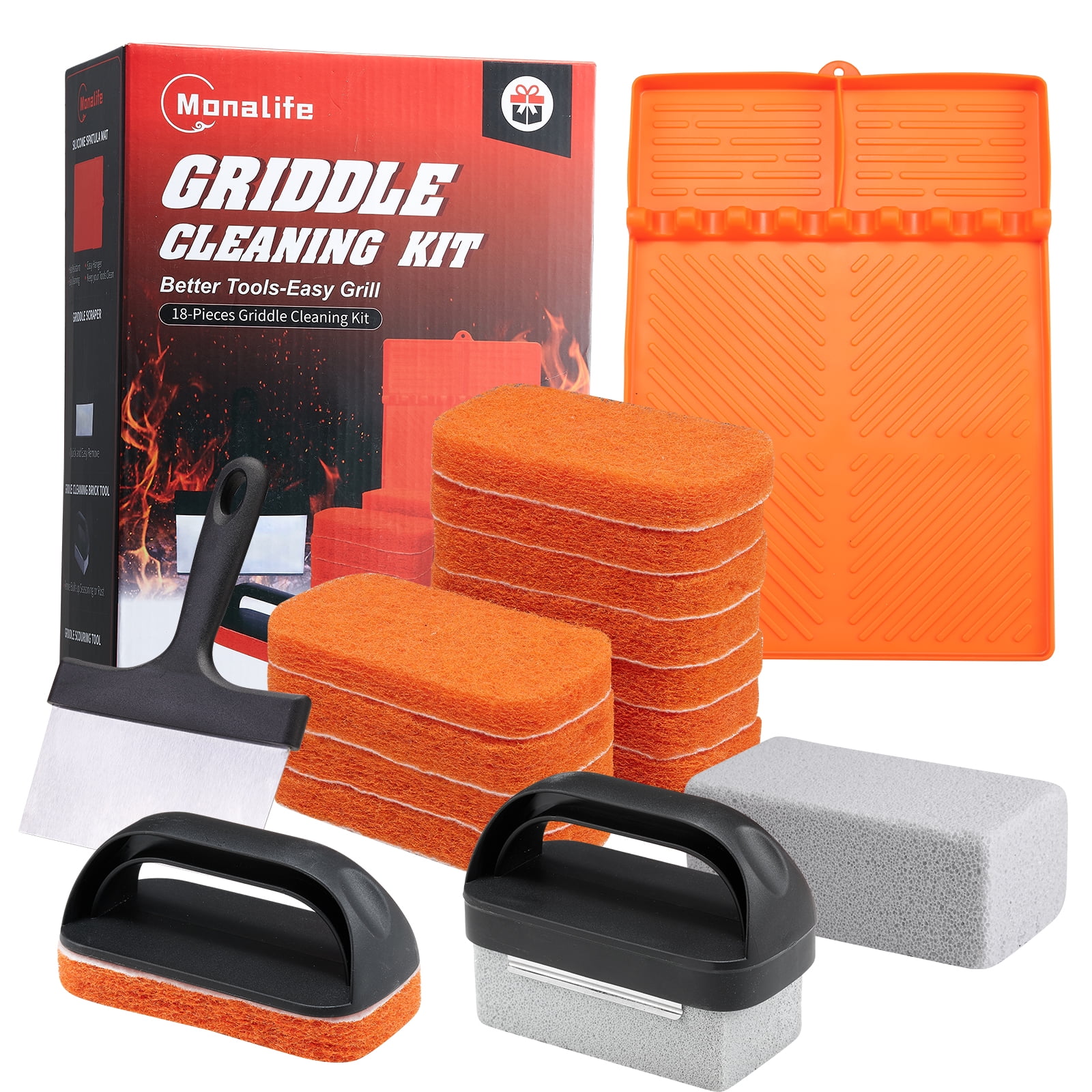 Griddle Cleaning Kit for Blackstone Accessories ,Heat-Resistant Silicone Spatula Mat with Hanger,Flat Top Grill Cleaning Kit Set with Grill Cleaner Stone Brick, Griddle Scraper&Scouring Pads(18 Pack)