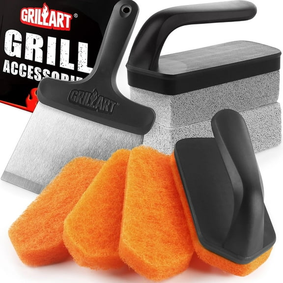 Griddle Cleaning Kit for Blackstone, Flat Top Grill Cleaning Kit with Grill Stone, Griddle Scraper, Scouring Pad and Handles, Multifunctional Griddle Accessories for Rusty Grills, Orange