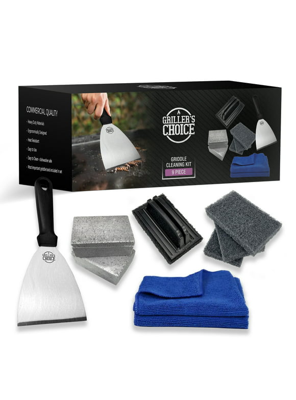 Griddle Cleaning Kit-Flat Top Grill Cleaner: 2 Cleaning Block, 2 Microfiber Clothes,4 Scouring Pad,1 Cleaning Brush,1 Scraper. Heavy Duty Grill Cleaning Kit