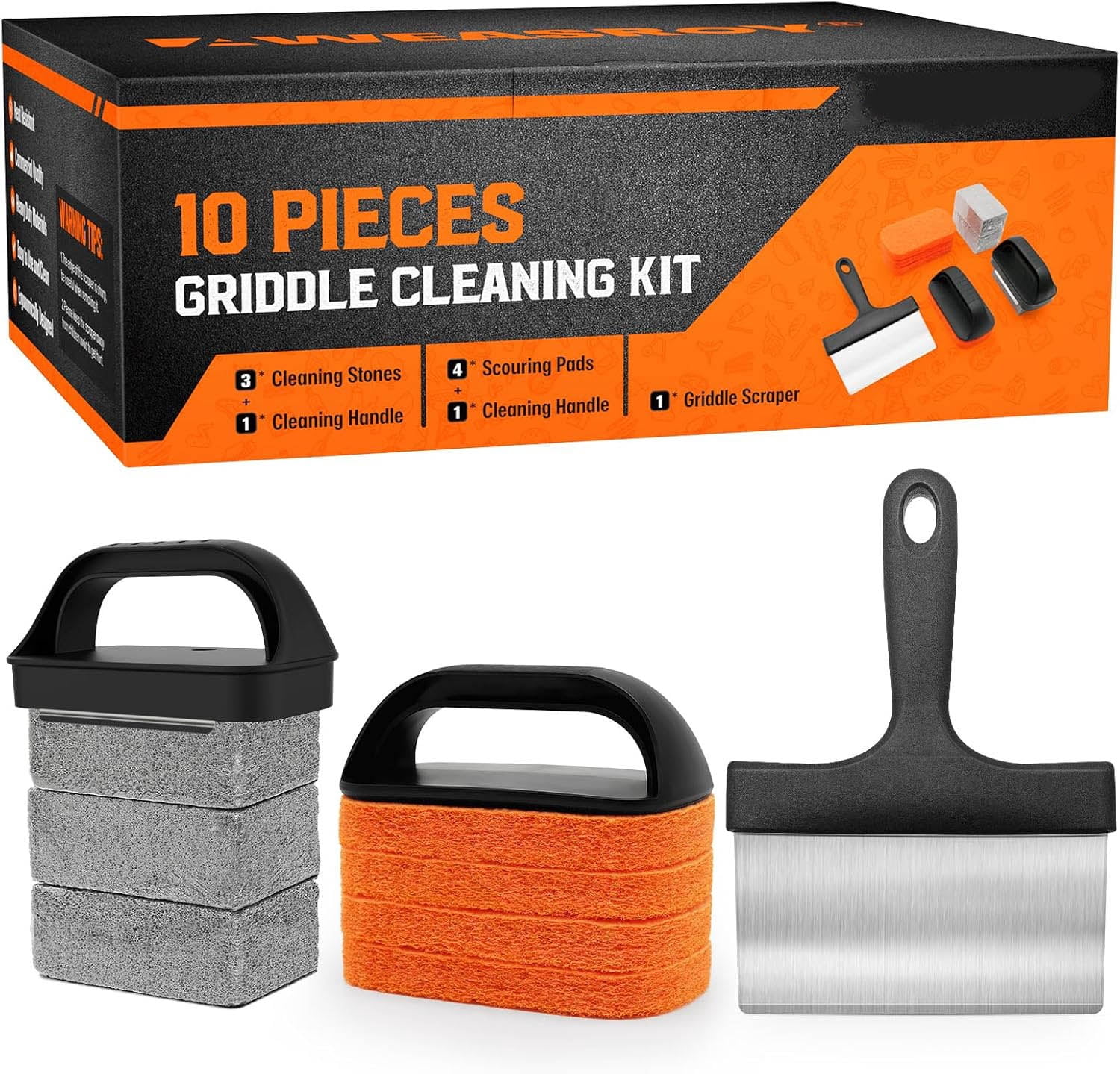 Griddle Cleaning Kit for stone, Flat Top Grill with Stone, Scraper & Brush Easy to Remove Stain
