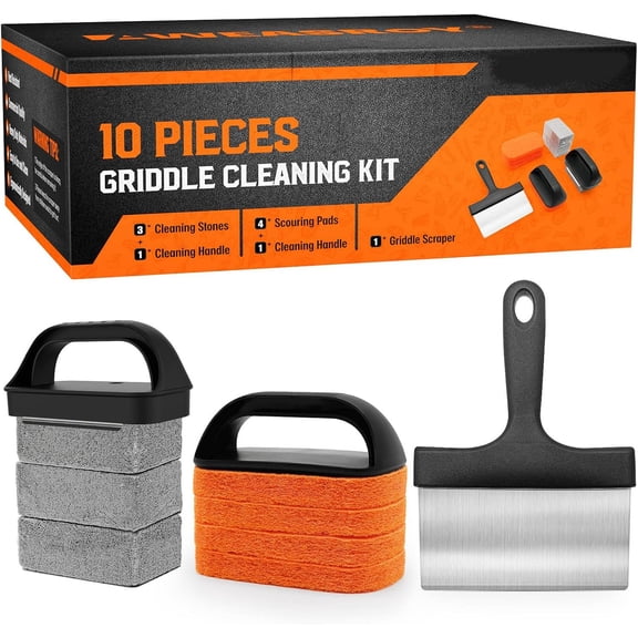 Griddle Cleaning Kit for stone, Flat Top Grill with Stone, Scraper & Brush Easy to Remove Stain