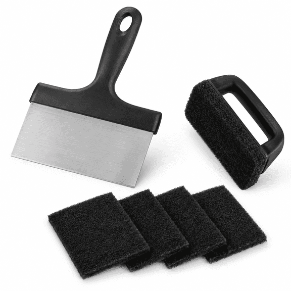Griddle Cleaning Kit with 6" Grill Scraper Brush Pad and Non Scratch Scrubber Scouring Pads