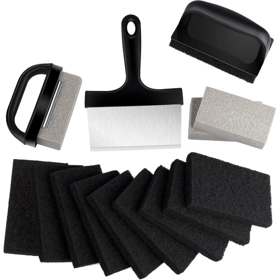 Griddle Cleaning kit 16 Pcs, Heavy Duty Grill Cleaning Stone Bricks with Handle,Griddle Scrubber Scouring Pads with Handle and 6" Grill Scraper,Griddle Cleaner Brush Set for Flat Top