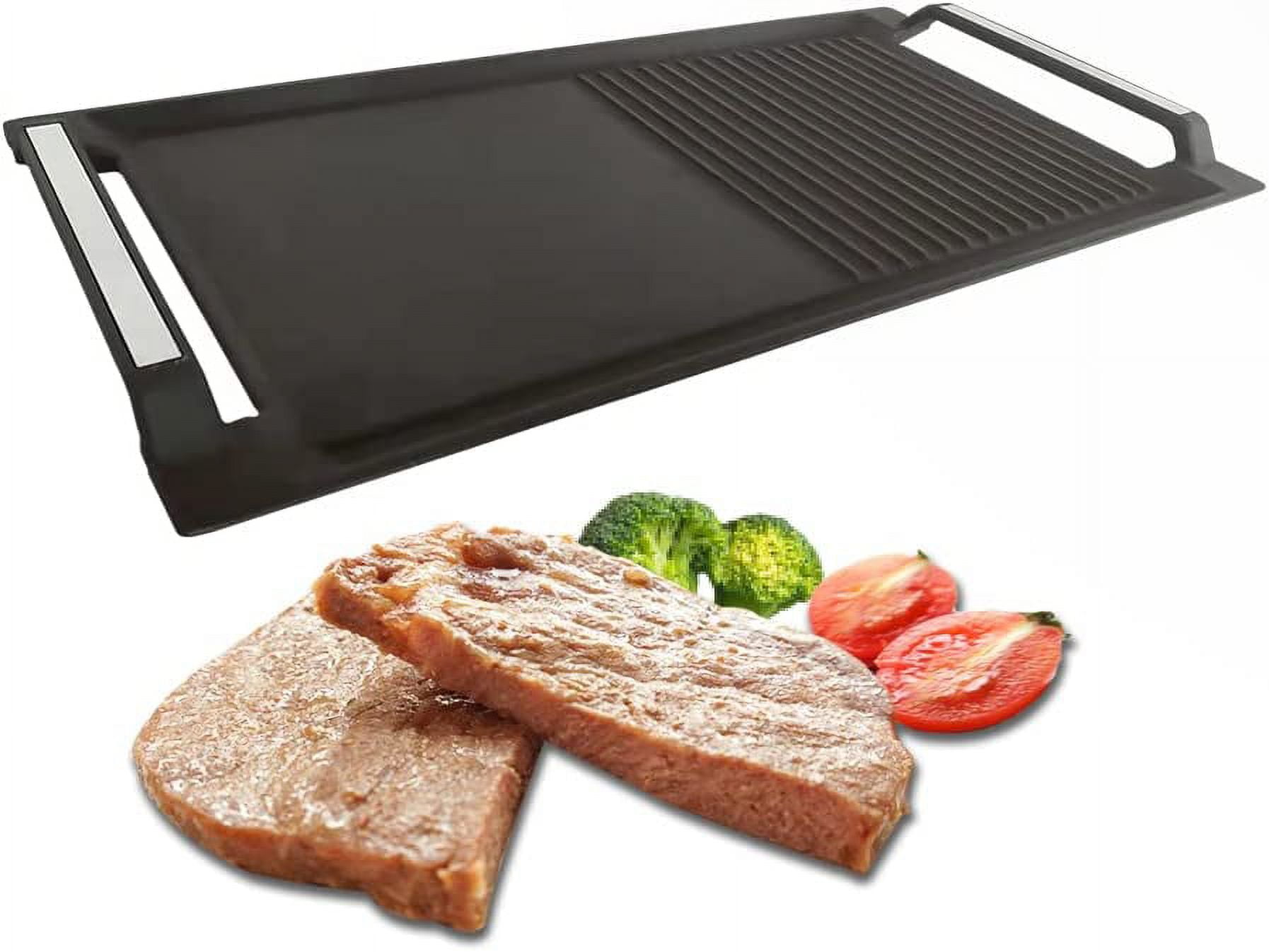 Griddle Pan, Cast Iron Grill Hot Plate, Rectangular Grill, 2 handles with  Flat and Ridged Surface for Induction Electric Cooktop，16.7 x 9.1inch 