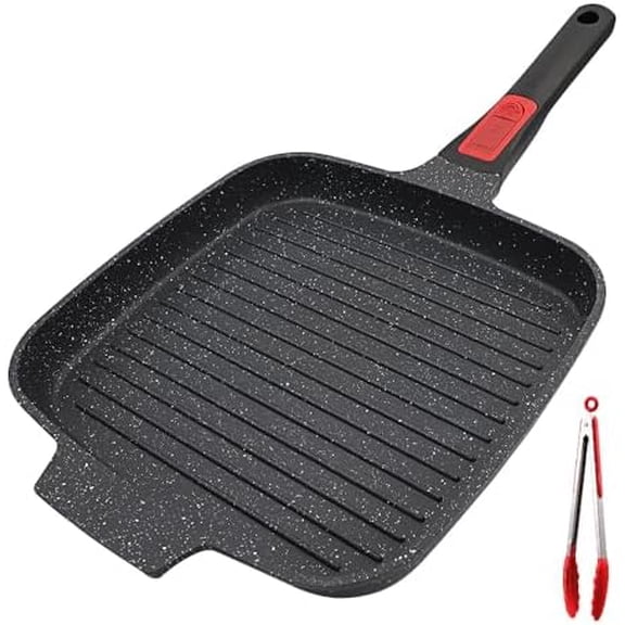 Griddle Pan with Detachable Handle, 10 Inch Cast Aluminium Non Stick Steak Pan for Induction Hob, Black