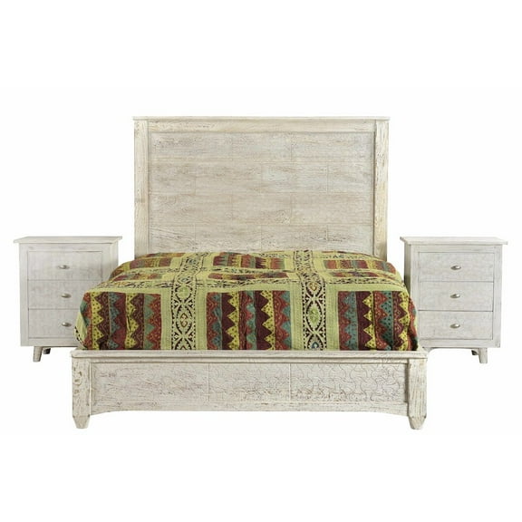 Gridley Mango Solid Wood Hand-Carved King Sized Bed in White Wash