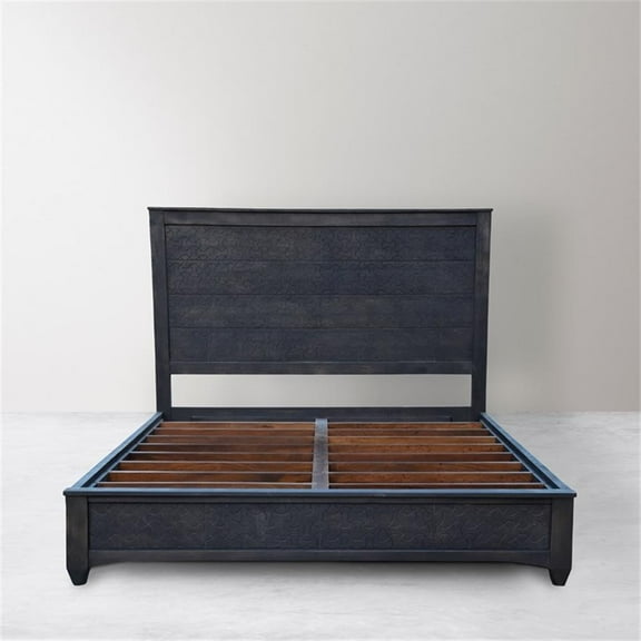 Gridley Mango Solid Wood Hand-Carved Queen Size Bed in Gray Wash