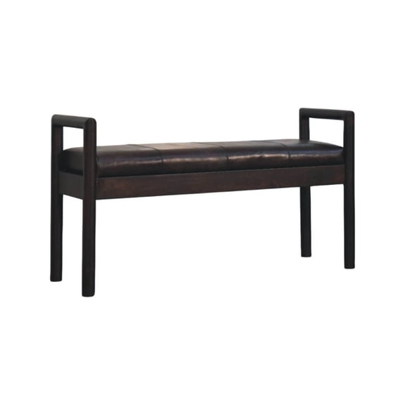 Gridline Minimalist Solid Wood Bench Dark Black Wood Frame Brown Leather Upholstered Seat Fully Assembled Rectangular Accent Bench for Bedroom Entryway Living Room