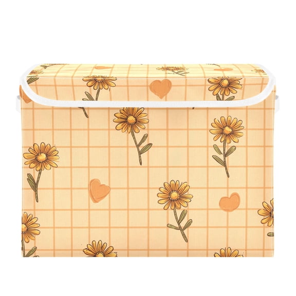 Grids Hearts Daisies Valentine Foldable Storage Bins with Lids Handles Collapsible Storage Containers Tote Boxes 16.5 x 12.6 x 11.8 inches